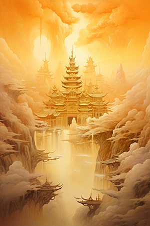金色神话建筑神仙洞府中国传统风格原画