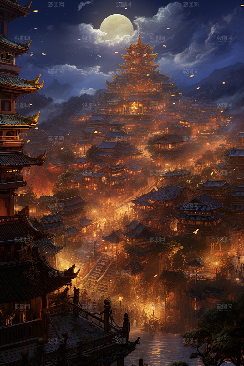 金色神话建筑天宫国潮原画