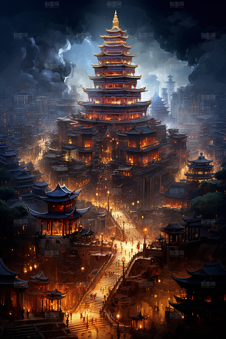 金色神话建筑古风游戏原画