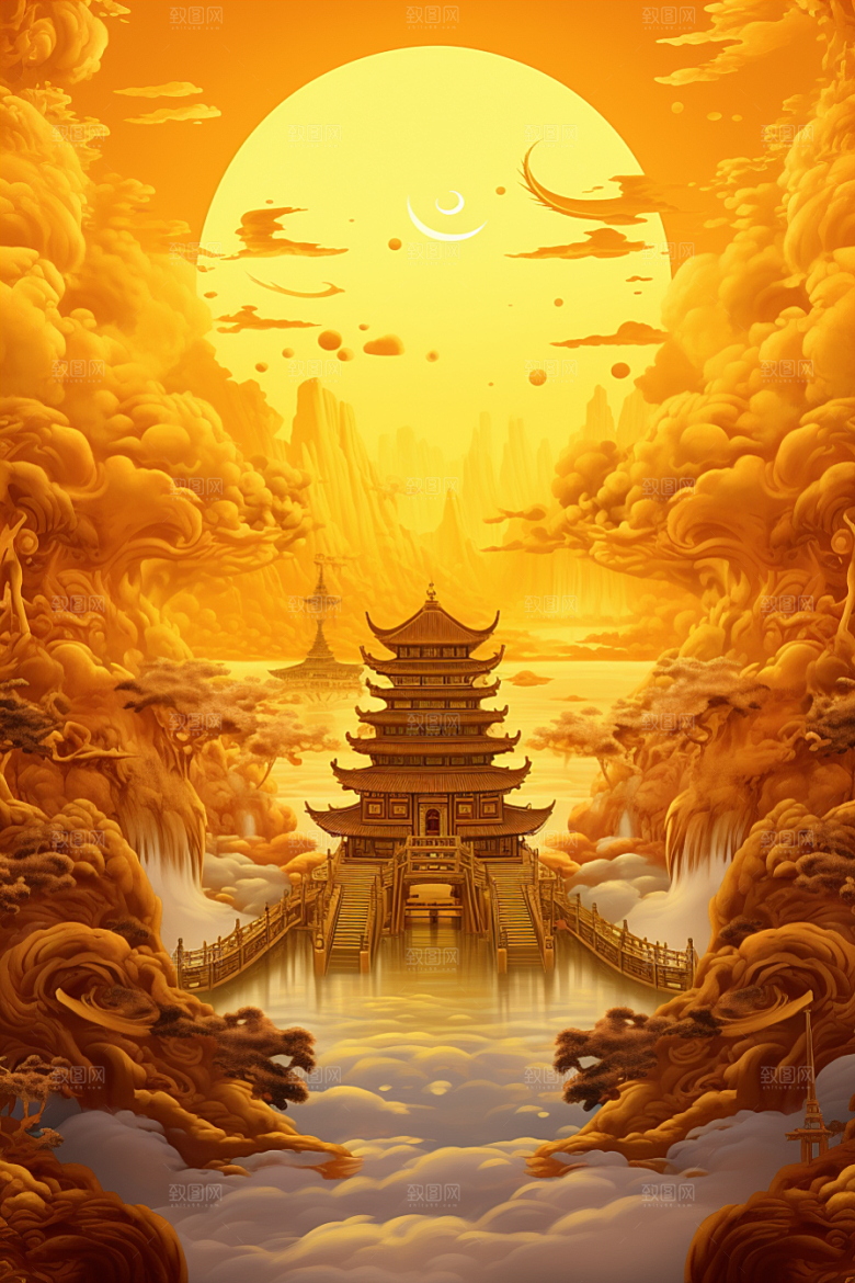 金色神话建筑神仙洞府古风原画