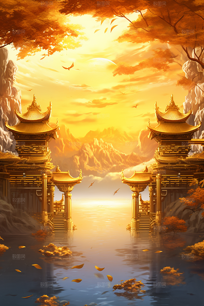 金色神话建筑梦幻中国传统风格原画