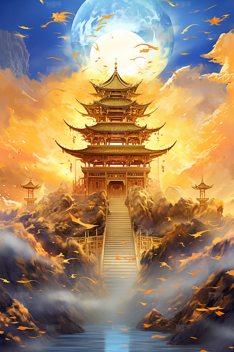 金色神话建筑古风国潮原画