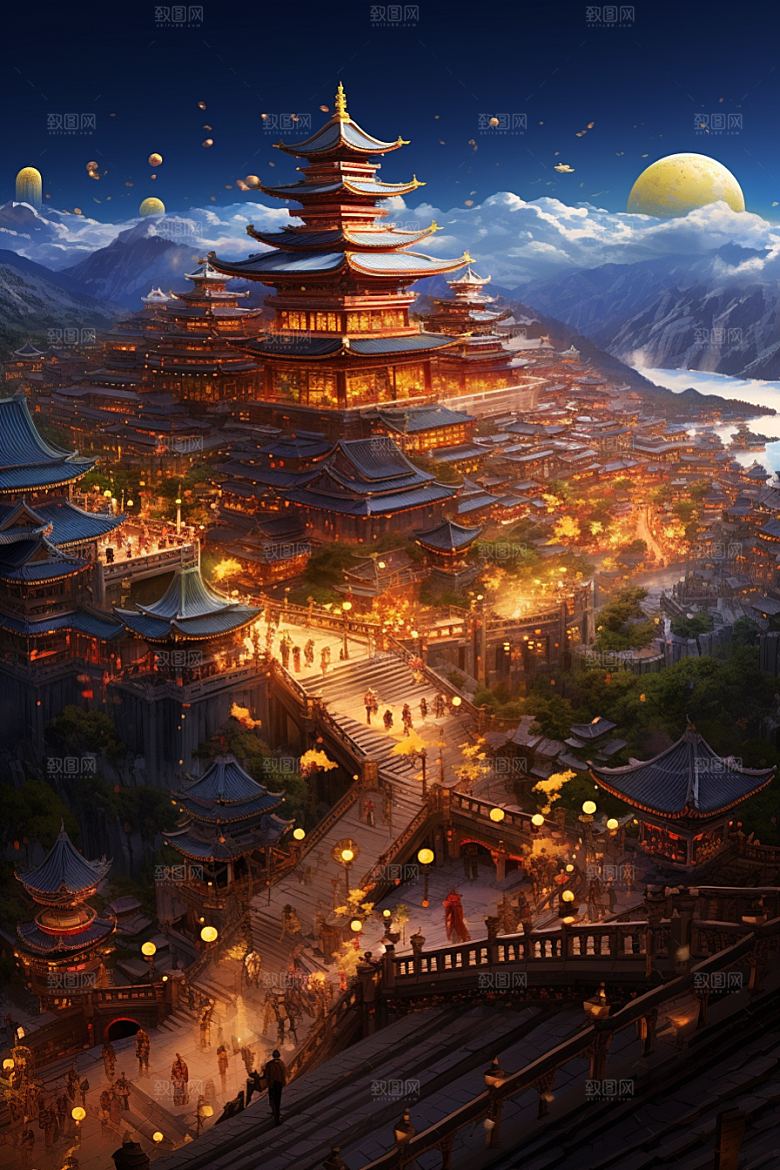 金色神话建筑国潮中国传统风格原画