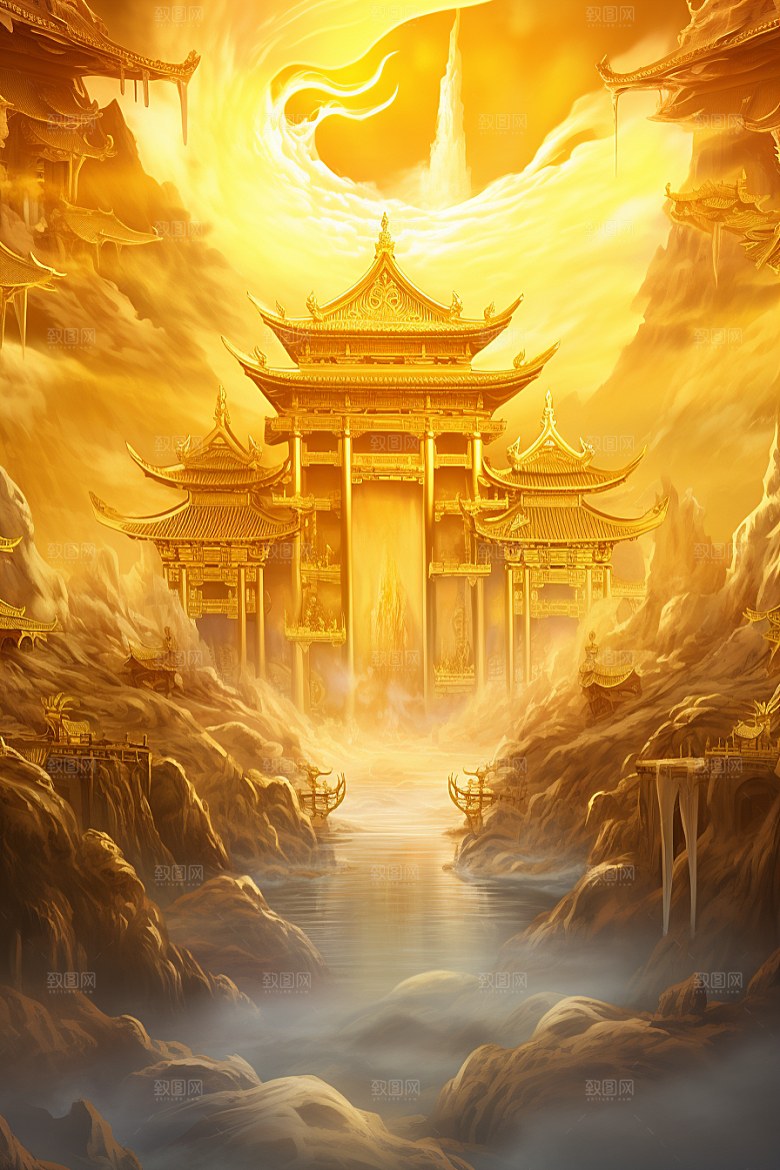金色神话建筑古风梦幻原画