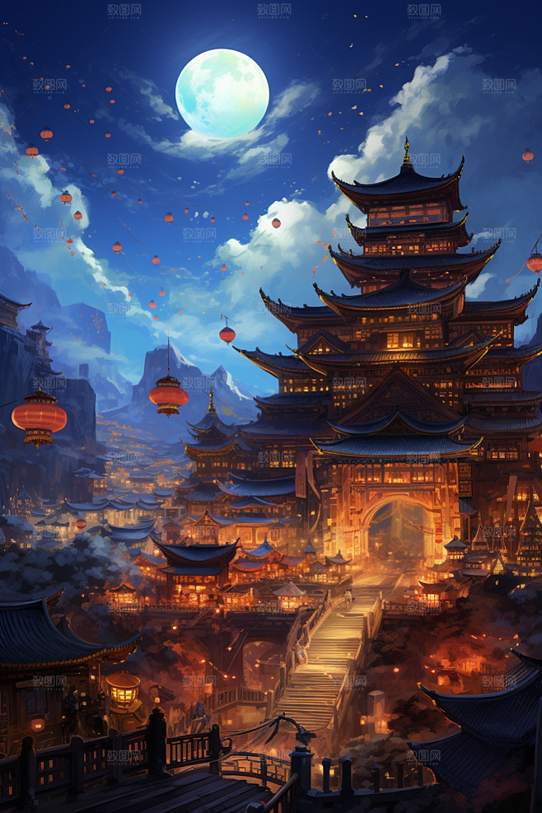 金色神话建筑古风游戏原画