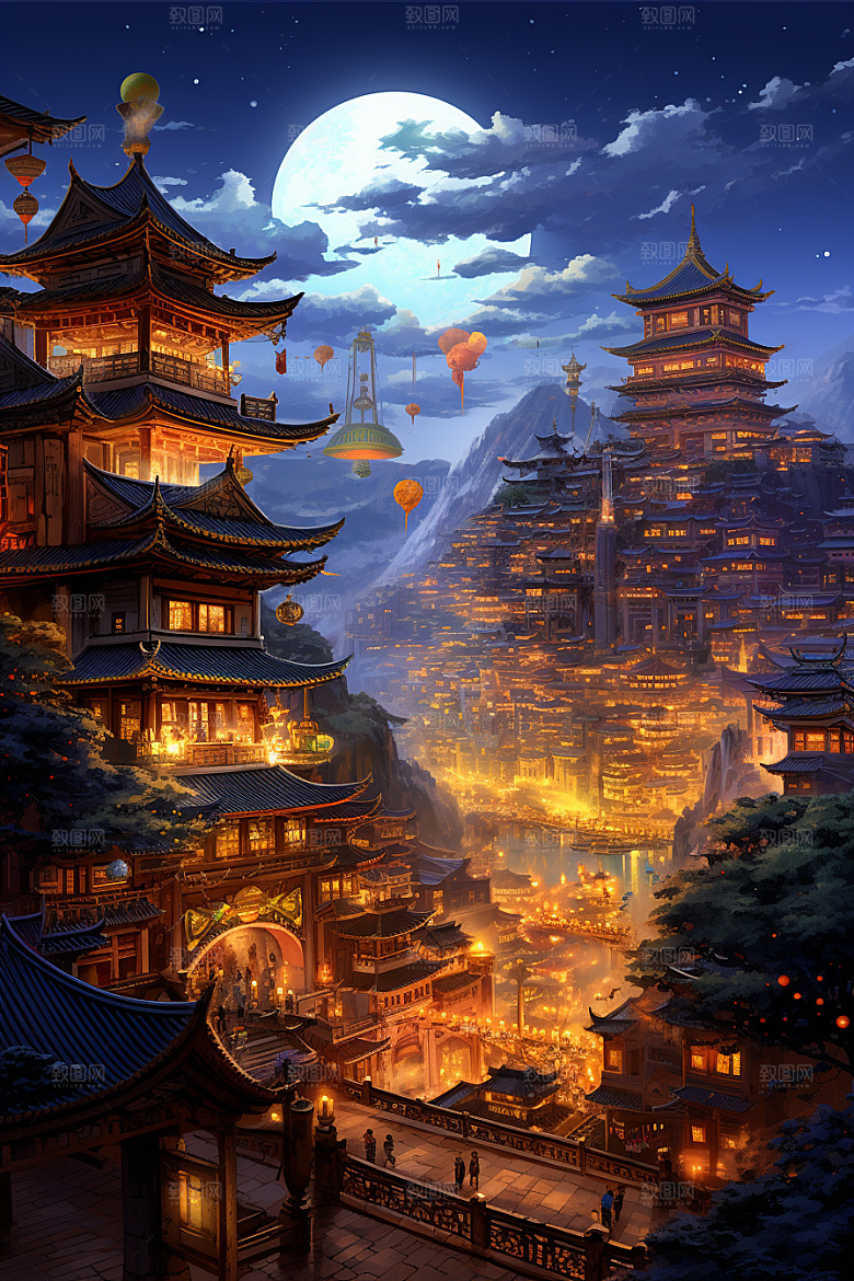 金色神话建筑神仙洞府国潮原画