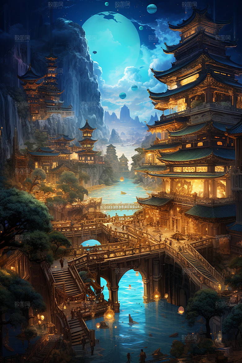 金色神话建筑古风神仙洞府原画