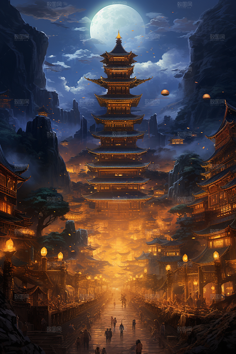 金色神话建筑中国传统风格天宫原画