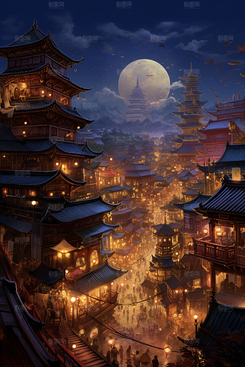 金色神话建筑高清国潮原画