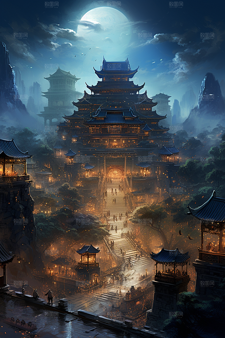 金色神话建筑中国传统风格古风原画