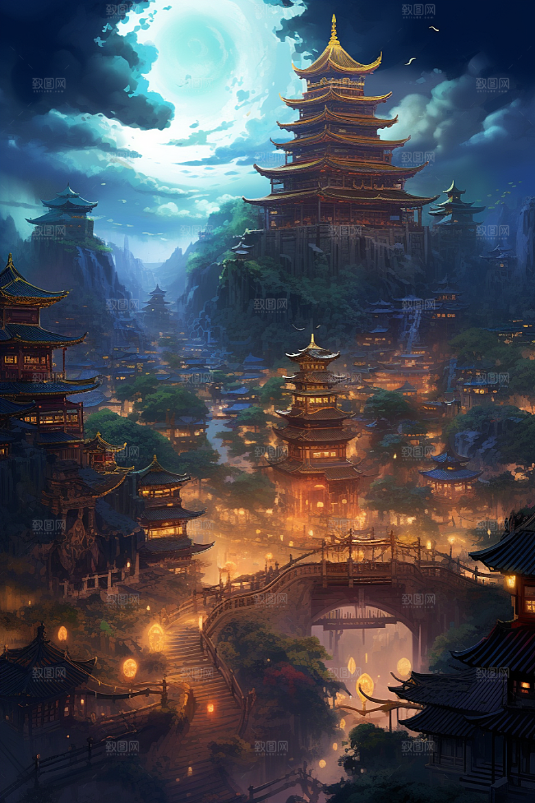 金色神话建筑中国传统风格神仙洞府原画