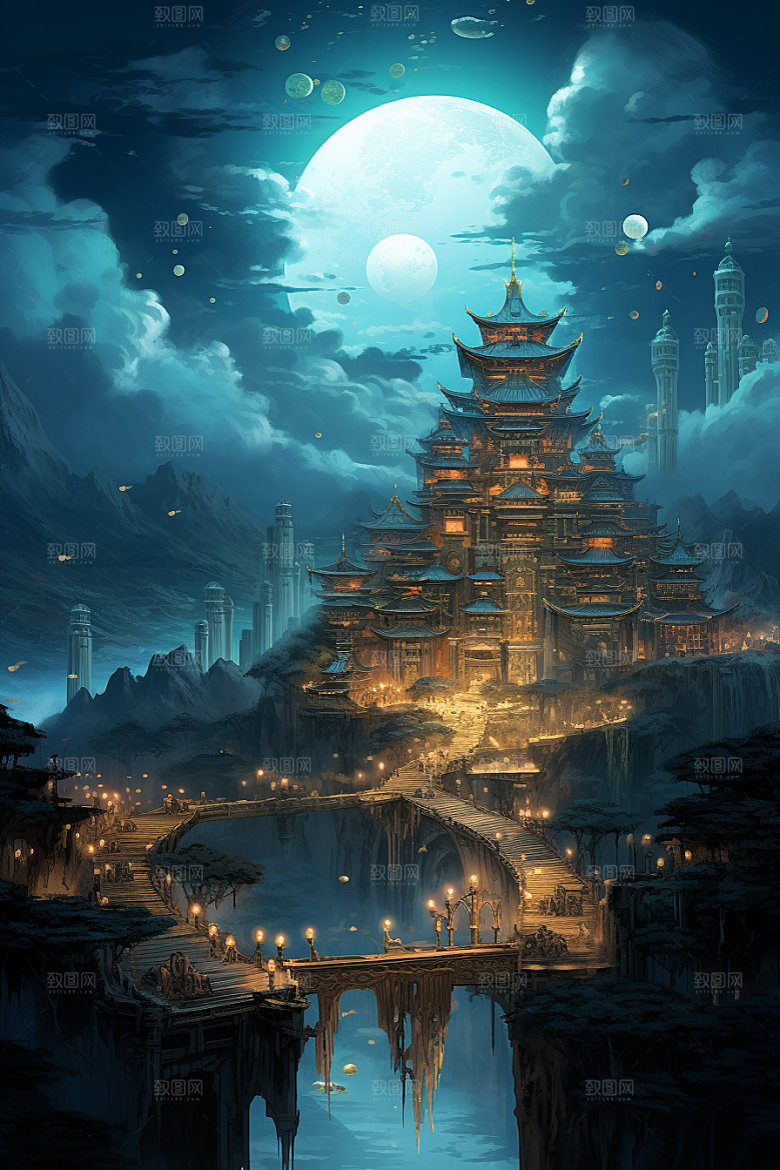 金色神话建筑中国传统风格国潮原画