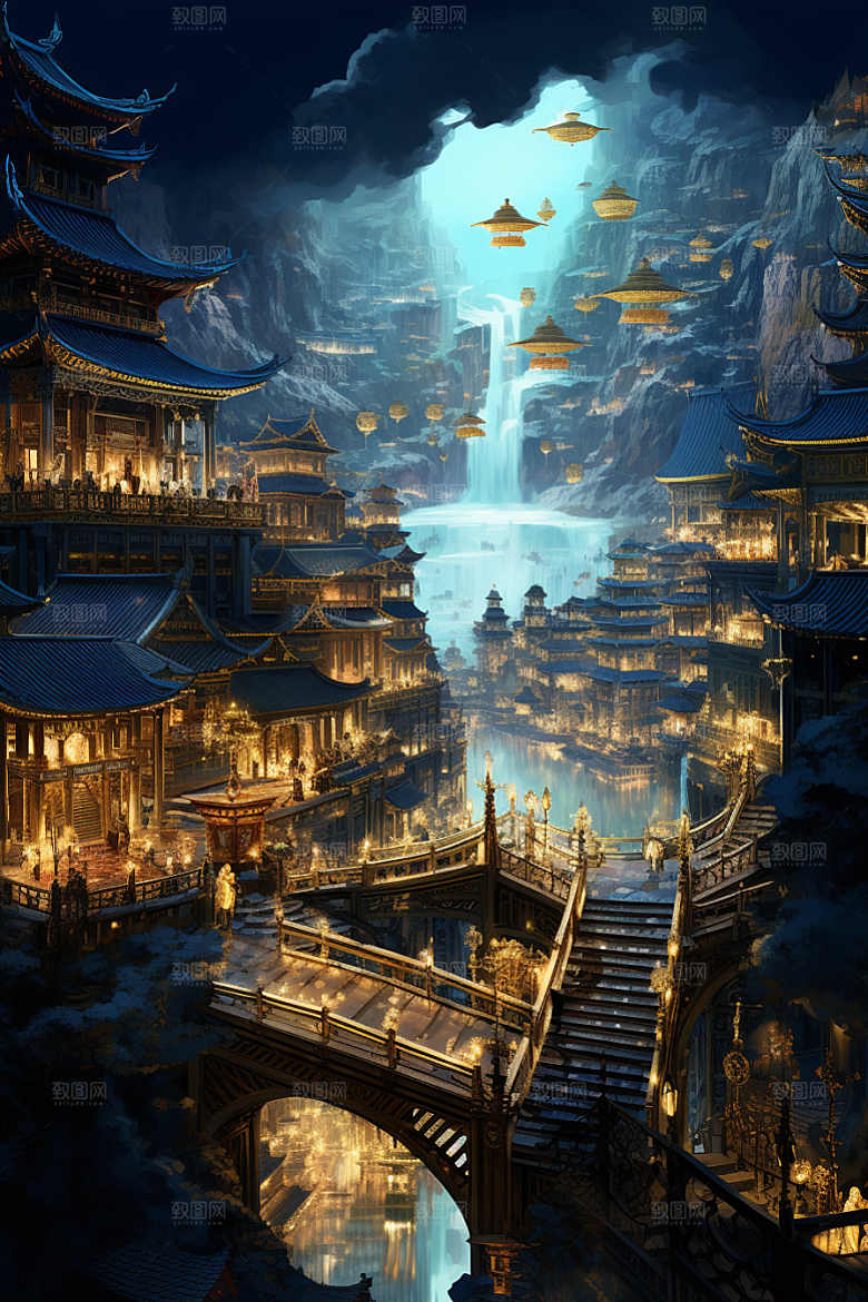 金色神话建筑天宫国潮原画
