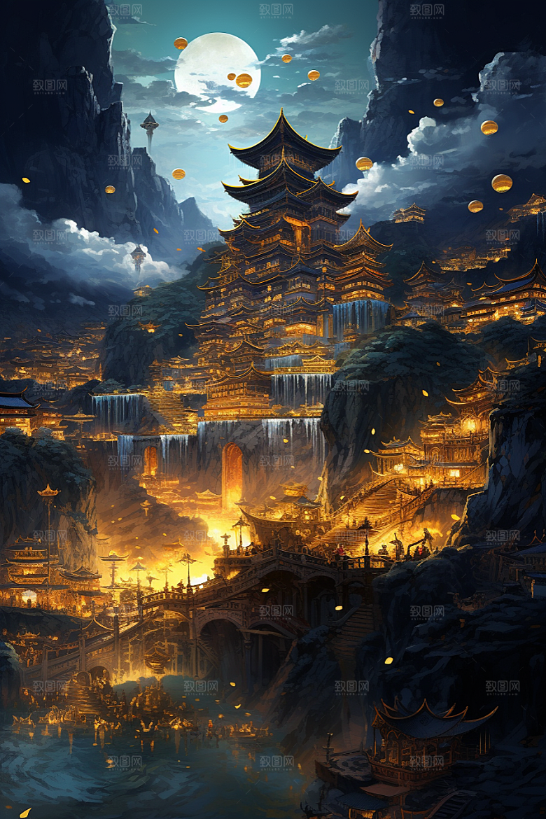 金色神话建筑天宫神仙洞府原画
