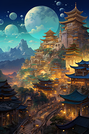金色神话建筑中国传统风格天宫原画