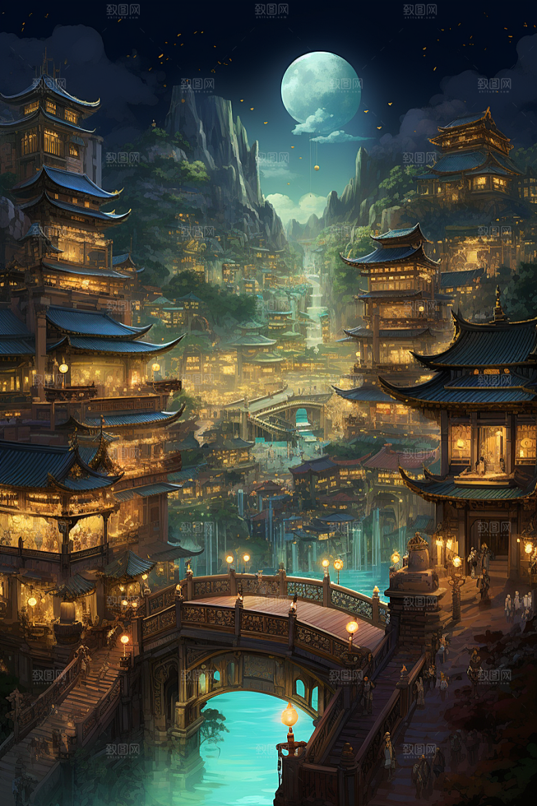 金色神话建筑中国传统风格国潮原画
