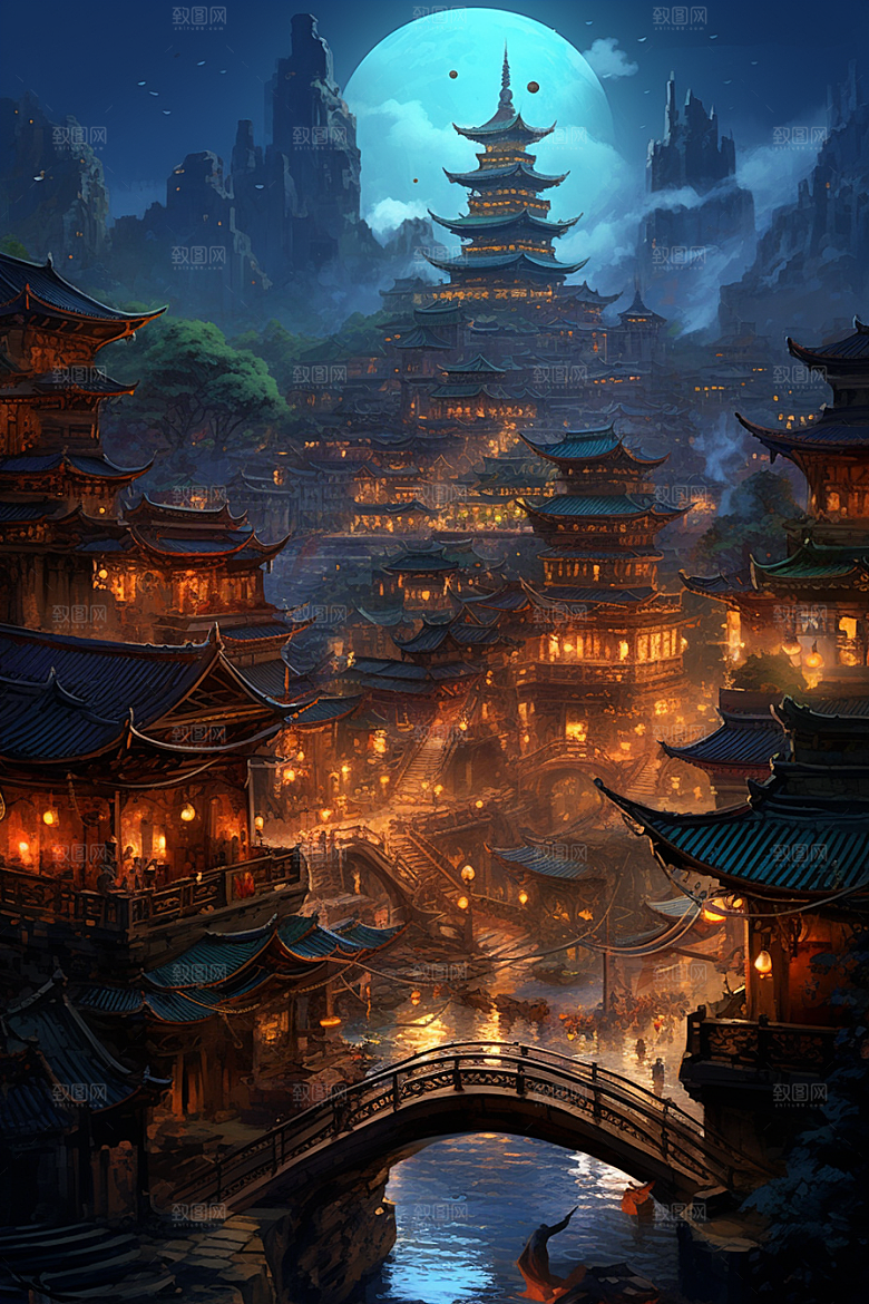 金色神话建筑中国传统风格梦幻原画