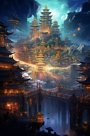金色神话建筑古风中国传统风格原画
