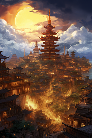 金色神话建筑中国传统风格游戏原画