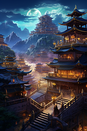 金色神话建筑古风中国传统风格原画