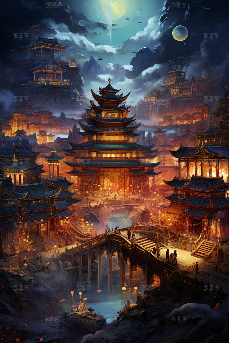 金色神话建筑古风中国传统风格原画