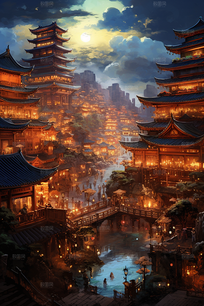 金色神话建筑古风国潮原画