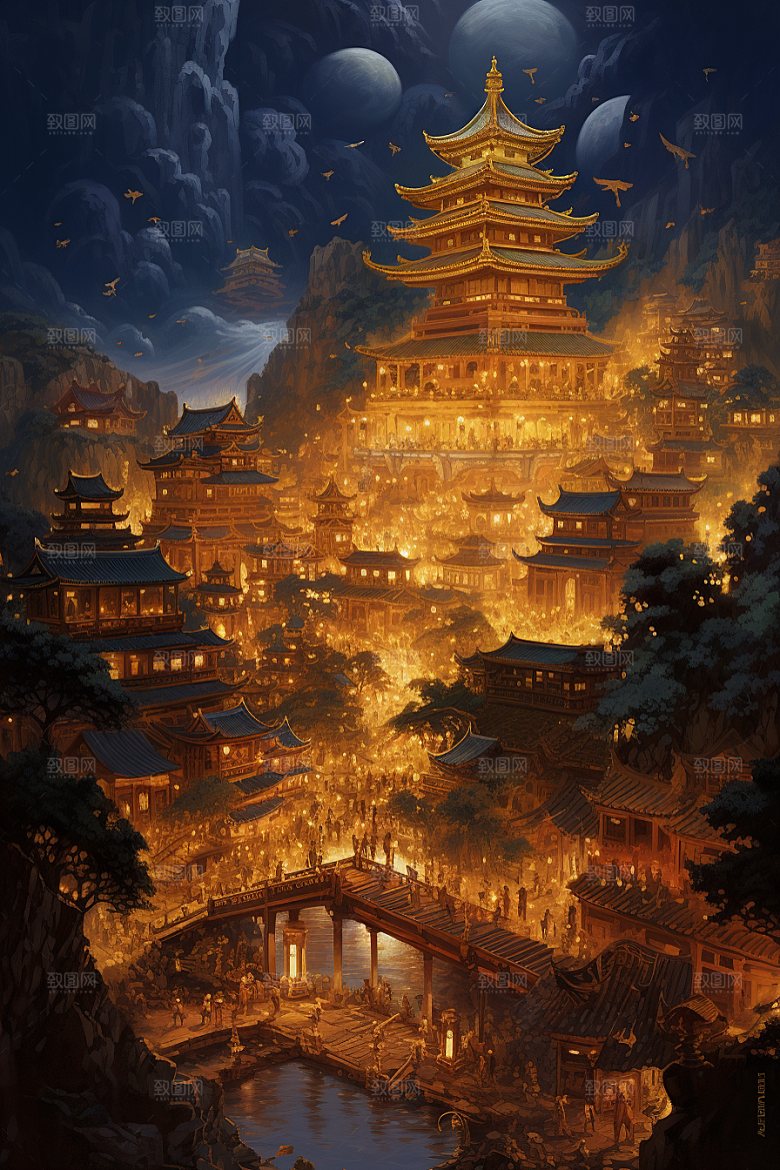 金色神话建筑中国传统风格古风原画