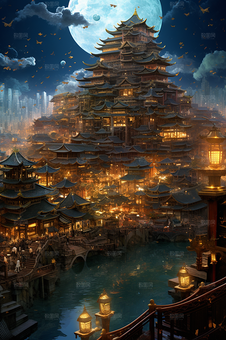 金色神话建筑国潮神仙洞府原画