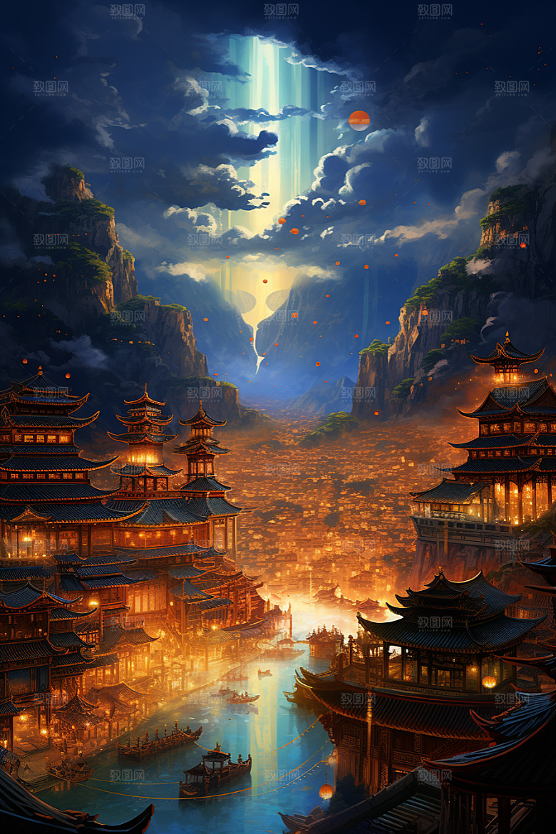 金色神话建筑国潮梦幻原画