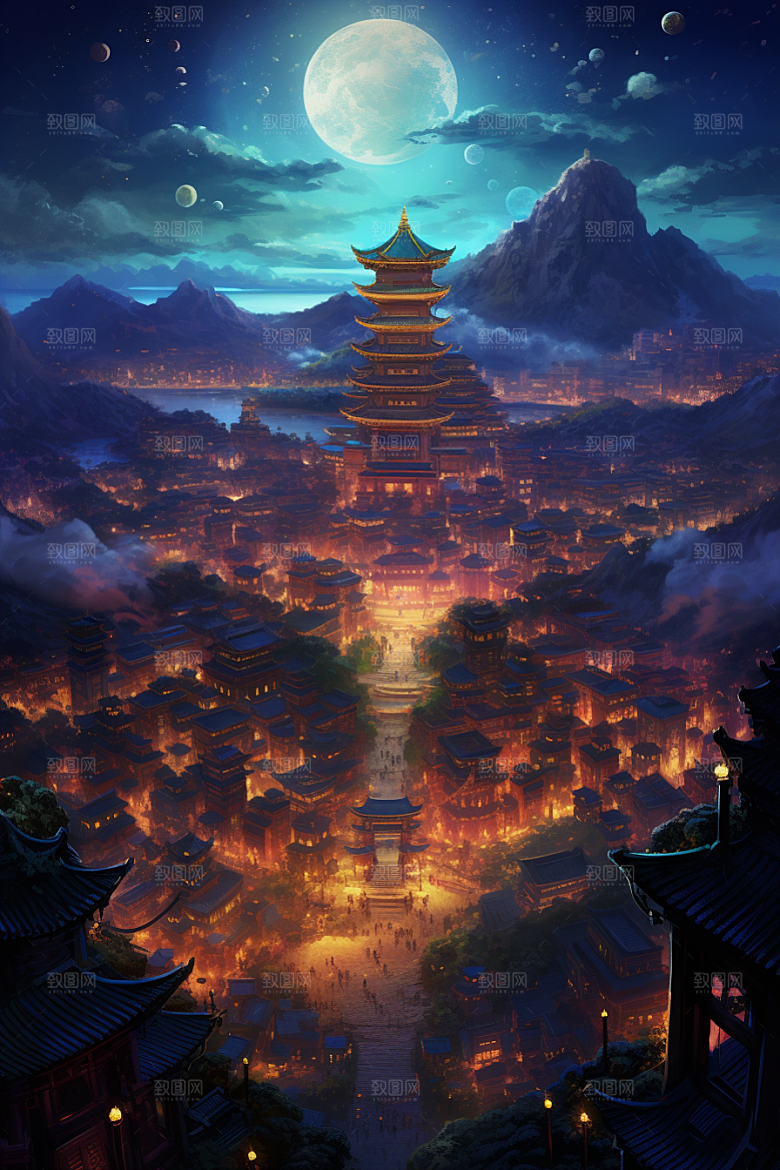 金色神话建筑古风神仙洞府原画