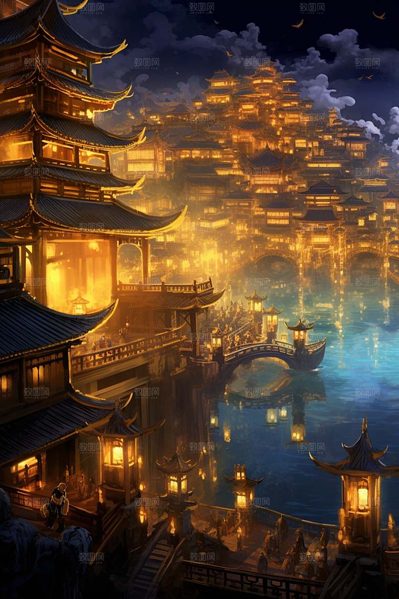 金色神话建筑梦幻古风原画