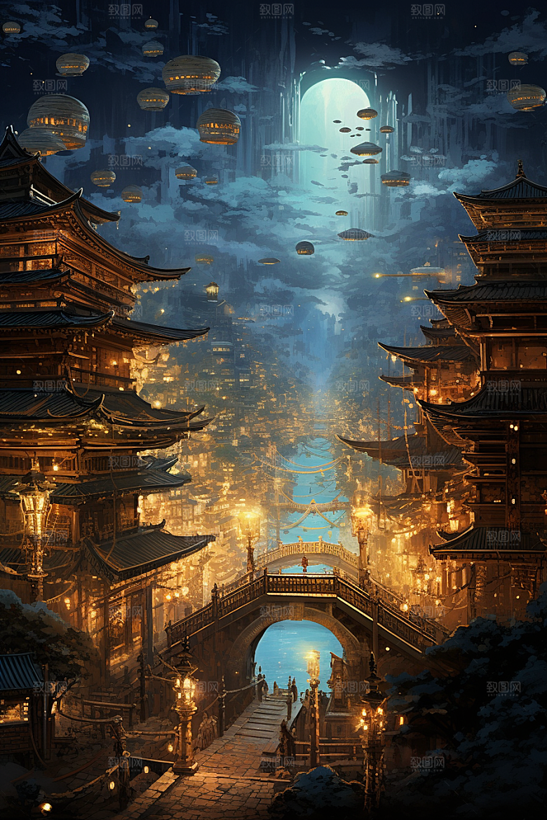 金色神话建筑梦幻古风原画