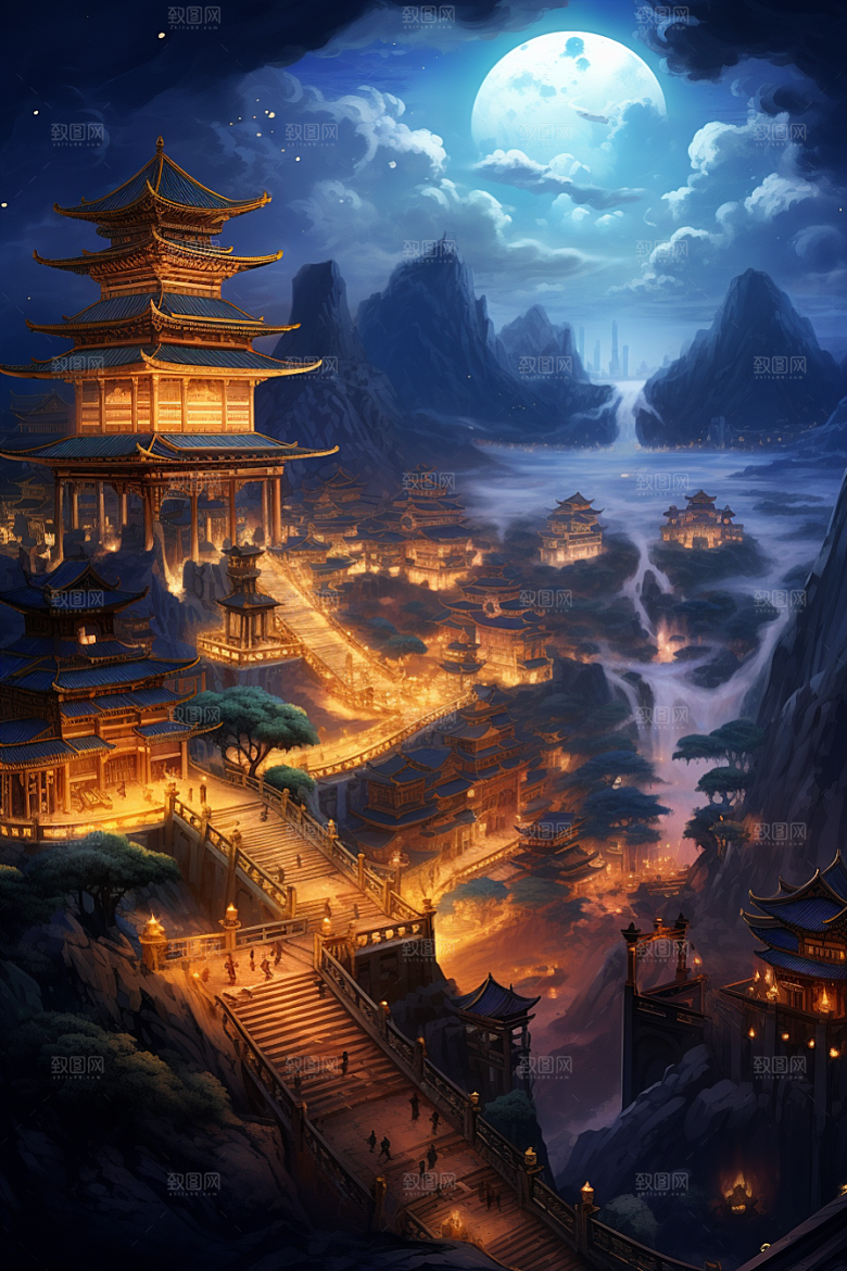 金色神话建筑古风国潮原画