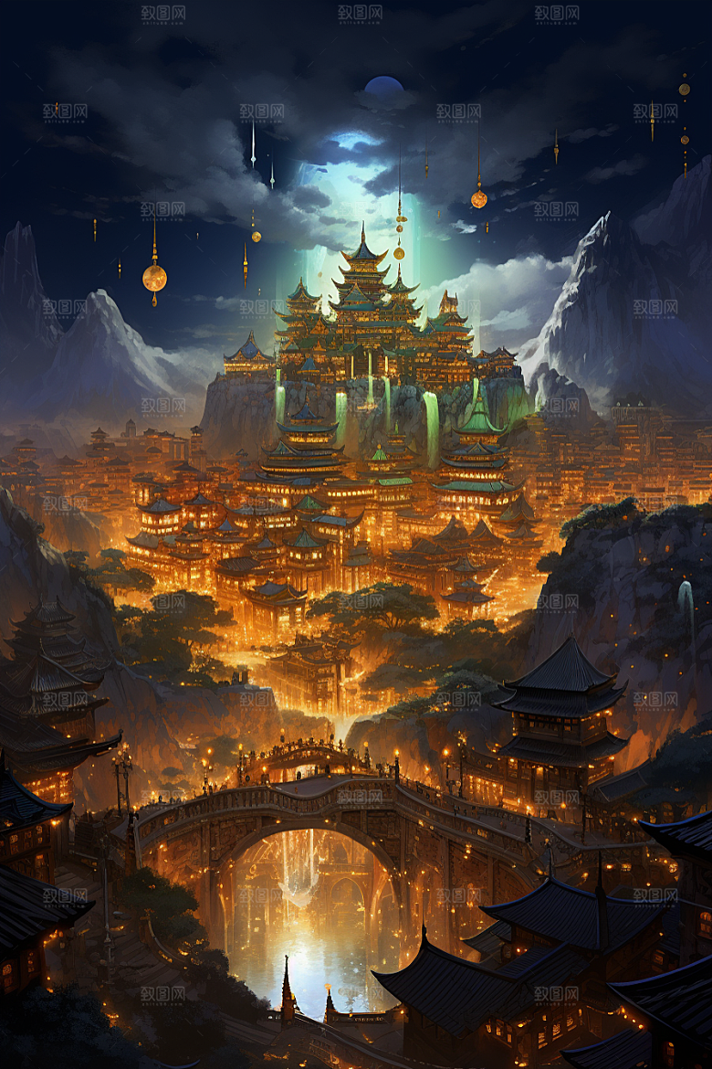 金色神话建筑古风神仙洞府原画
