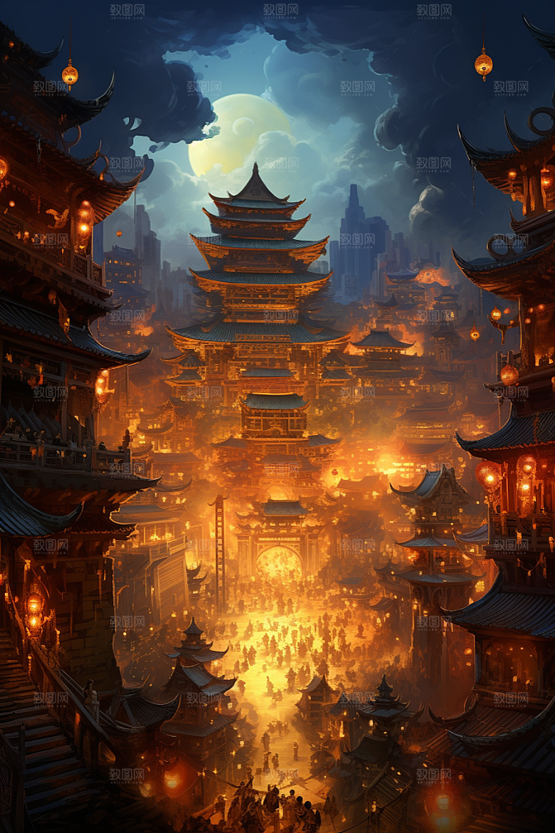 金色神话建筑中国传统风格梦幻原画