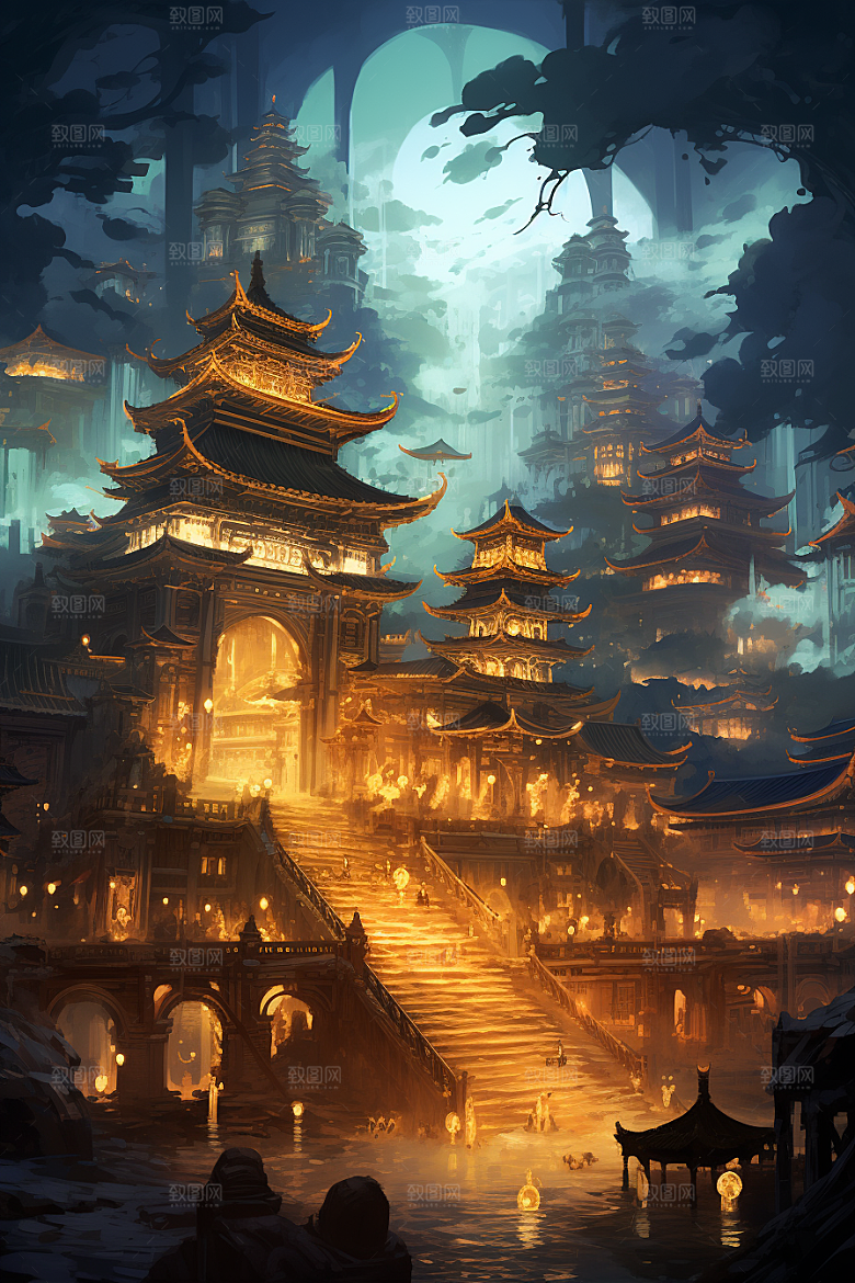 金色神话建筑梦幻古风原画