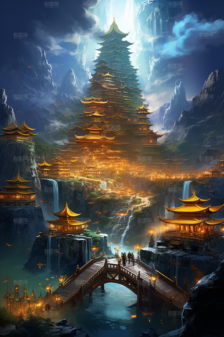 金色神话建筑古风国潮原画