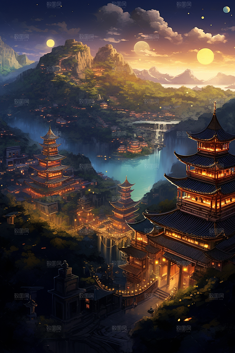 金色神话建筑神仙洞府国潮原画