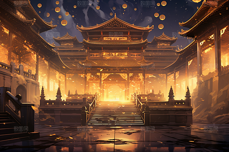 金色神话建筑古风国潮原画