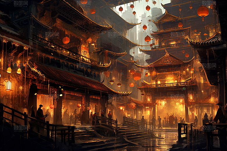 金色神话建筑古风中国传统风格原画