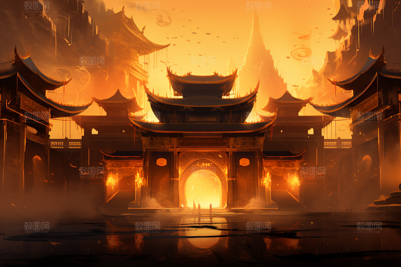 金色神话建筑梦幻中国传统风格原画