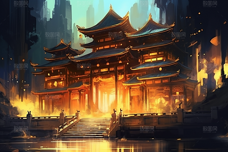 金色神话建筑天宫中国传统风格原画