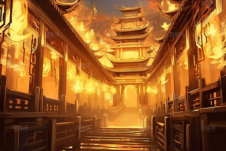 金色神话建筑中国传统风格梦幻原画