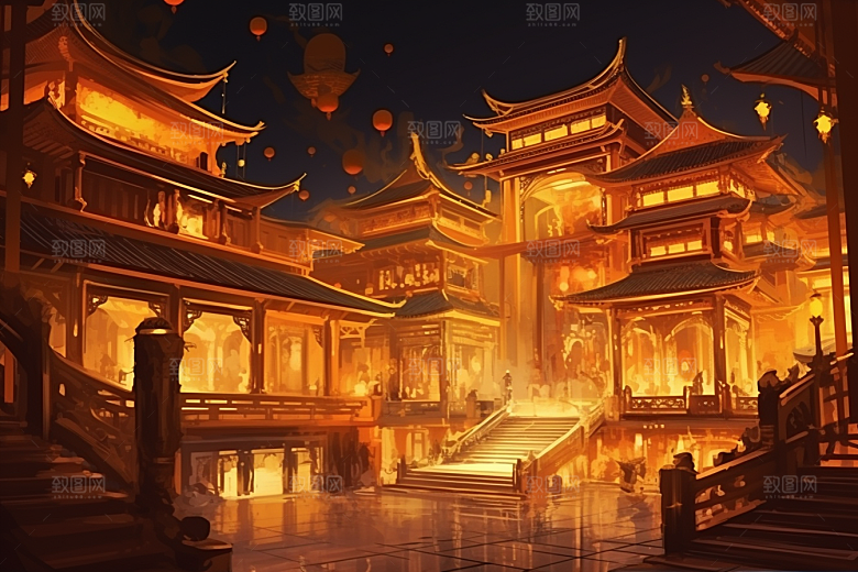 金色神话建筑游戏古风原画