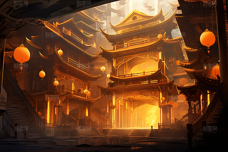 金色神话建筑中国传统风格梦幻原画