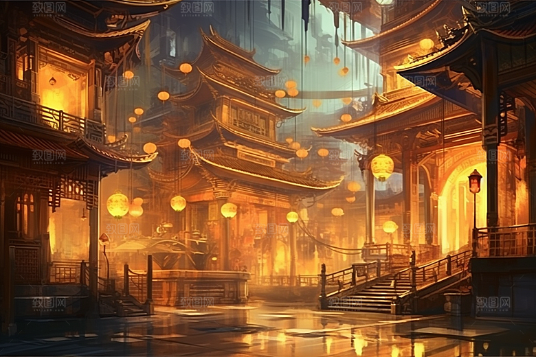 金色神话建筑天宫国潮原画