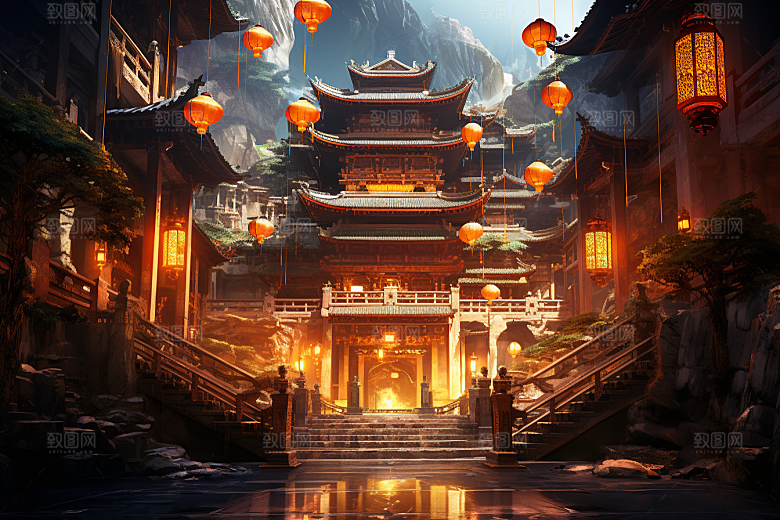 金色神话建筑神仙洞府中国传统风格原画