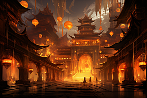金色神话建筑中国传统风格古风原画
