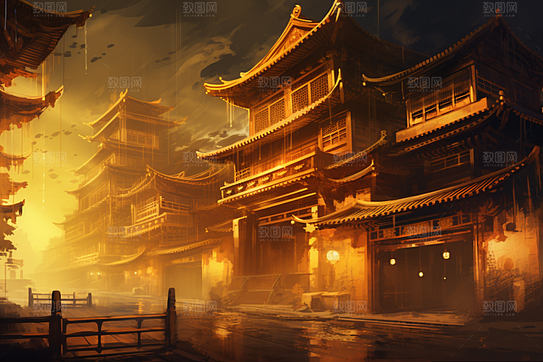 金色神话建筑天宫中国传统风格原画