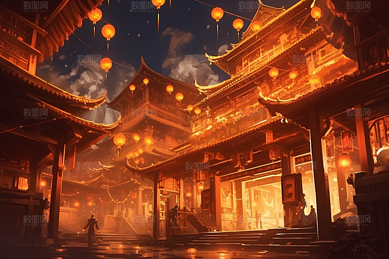 金色神话建筑古风梦幻原画